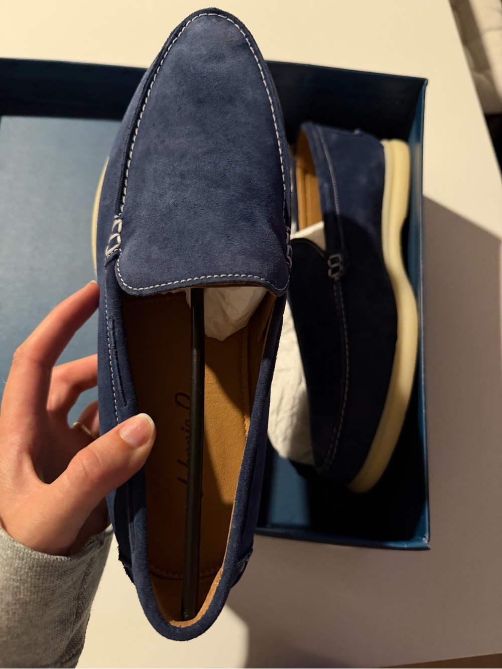 johnnie-O Navy Suede Slip-On Loafers with Cream Sole